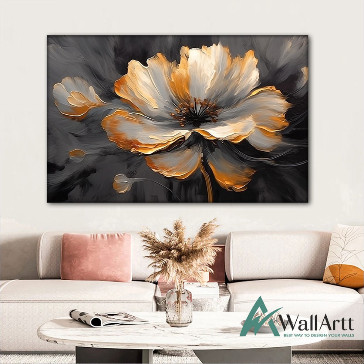 Dark Anthracite Gold Flower 3d Heavy Textured Partial Oil Painting